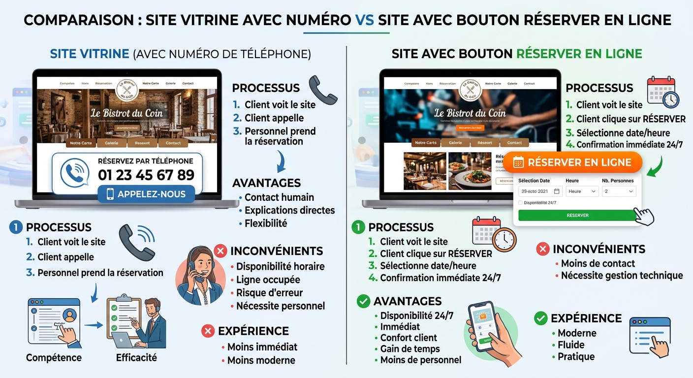 Comparaison site vitrine avec numéro vs site avec bouton réserver en ligne